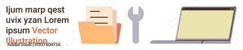 Document organization, software tools, digital workspace, repair services, office management, technical support. Folder, wrench and laptop icons. Document organization and software tools concept