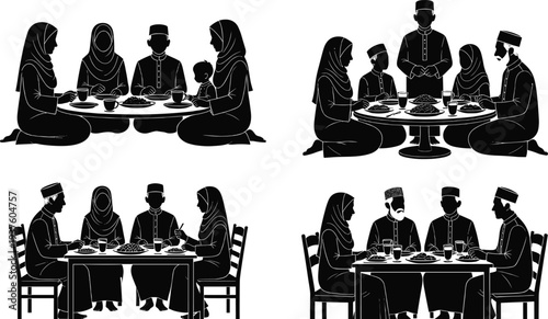 Black silhouette illustration of families sharing meals at tables, highlighting cultural traditions, communal dining, family bonding, and Islamic attire in artistic design.
