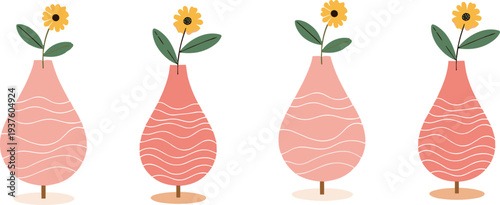 Minimalist abstract flower vase vector set with modern decorative shapes, botanical illustration for home decor, wall art design