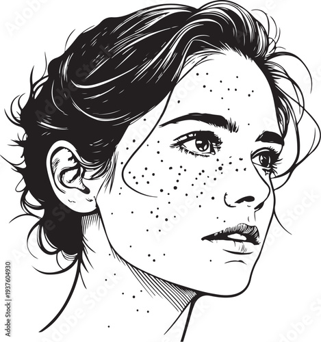 Freckled Face Girl Woman with Freckles Portrait Hand-drawn Sketch Drawing Vector Illustration, Line Linear Symbol Black and White Engraving, Isolated