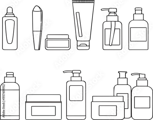 Minimal cosmetic packaging line icons set with skincare bottles, lotion pump containers, cream jars and beauty product outline collection