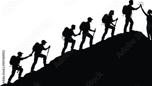 Black silhouette illustration of hikers climbing mountain with backpacks and poles, symbolizing teamwork, achievement, cooperation, perseverance, leadership, and outdoor adventure artwork design proj