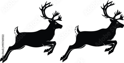 Black reindeer jumping silhouette vector, flying birds set illustration, wildlife animal icons, forest nature elements isolated on white background, seasonal graphics.