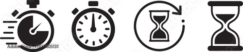 Four black and white time icons with clocks and hourglasses on white background