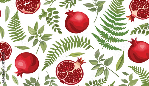 Pomegranate fruit and botanical leaves seamless pattern vector illustration with fern foliage and fresh red pomegranate elements