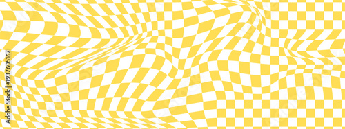 Psychedelic pattern with warped orange and white squares. Trippy checkerboard texture. Distorted chess board background. Checkered optical illusion. Vector art