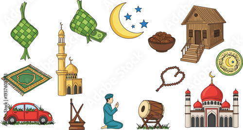 Ramadan Kareem Islamic Icons Set with Mosque Lantern Prayer Mat Ketupat Crescent Moon and Traditional Elements