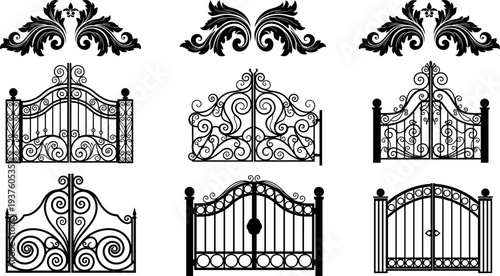 Ornamental wrought iron gate collection with decorative vintage patterns, elegant metal fence designs and classic entrance gates isolated for architecture and garden design.