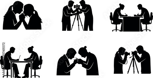 People interaction silhouette collection showing couples talking praying photographers working and business meeting scenes isolated set representing communication teamwork relationship office activity