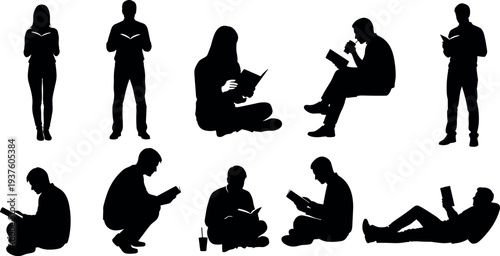 People reading book silhouettes collection showing men and women standing sitting and relaxing while studying learning and enjoying literature vector illustration set