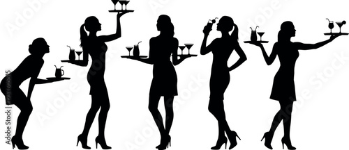 Waitress and bartender women silhouette set serving cocktails and drinks on trays hospitality service staff collection for restaurant bar cafe nightlife industry