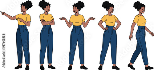 Young woman character poses collection showing pointing explaining standing and walking gestures modern female cartoon illustration set isolated for presentation communication