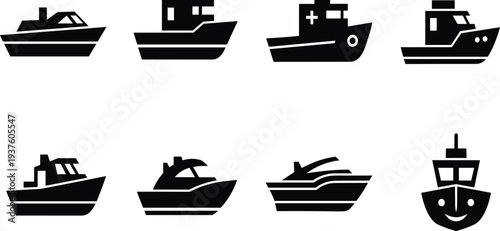 Black ship and boat silhouette collection featuring motorboats, fishing vessels, and tugboat icons for maritime transport, nautical design, and sea travel.