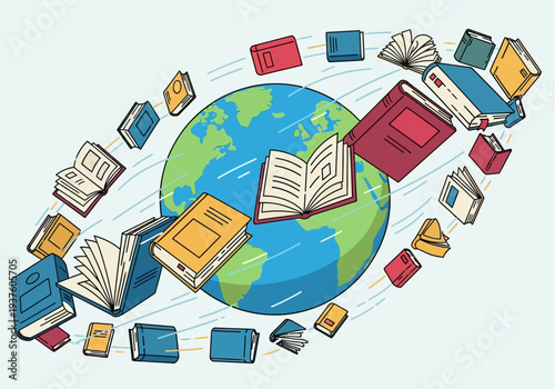 Books circling the globe representing global education and knowledge.