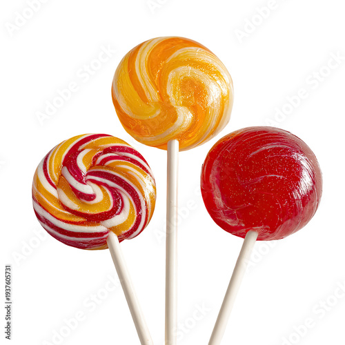 Three colorful lollipops, swirled designs, various flavors, on sticks against a black background