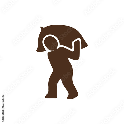 Brown Silhouette Of A Laborer Hauling A Large Bag On White Background