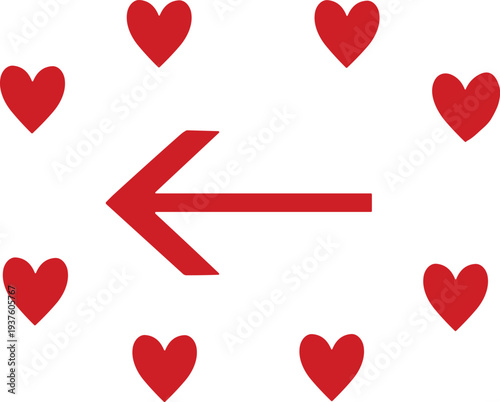 Red hearts with left arrow symbol vector illustration representing love direction, romance sign, Valentine concept minimalist design