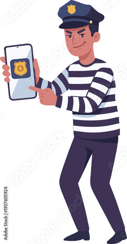 Cartoon Thief Impersonating Police Officer Holding a Badge
 