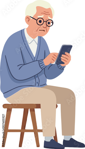 Elderly Man Using Smartphone While Sitting on Stool