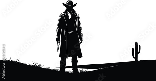 Black silhouette of a cowboy or outlaw standing in a desert landscape with a cactus, historic western scene isolated on white,