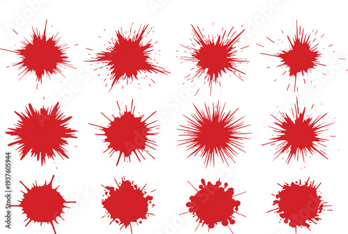 Red paint splatter burst collection with grunge splash stains abstract explosion shapes for design texture elements set