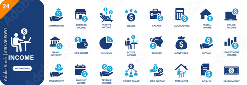 Income icon collection featuring active income, profit share, dividend, commission and freelance symbols. Solid vector icons.