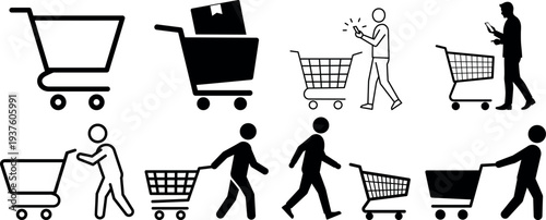 Shopping cart silhouette set with people for retail and e-commerce