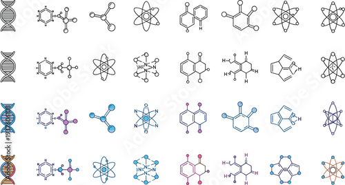 Science and Chemistry Vector Icon Set with DNA Helix, Atomic Models, Molecular Structures and Organic Compound Symbols