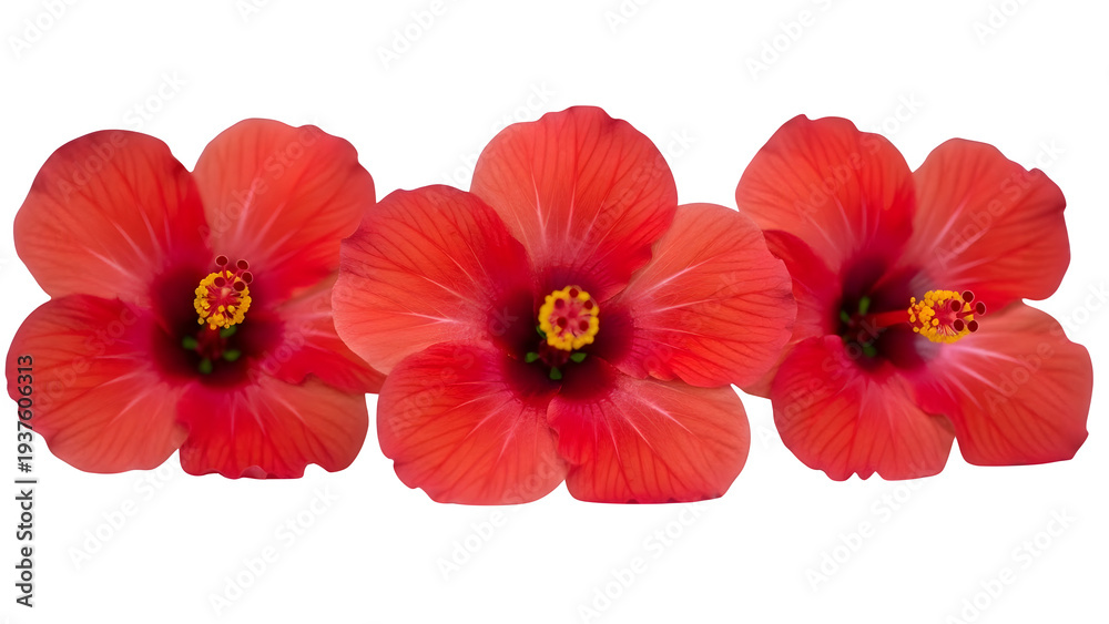 Fototapeta premium Three vibrant red hibiscus flowers in full bloom on a transparent background