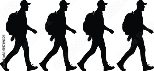 Black silhouette of a man with a backpack and cap walking in a row sequence isolated on a white background
