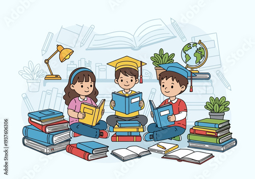 Children reading books and learning together in a library setting.