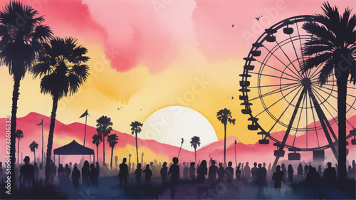 Vibrant sunset at a crowded amusement park with a giant ferris wheel palm trees and people enjoying leisure activities in a warm summer evening