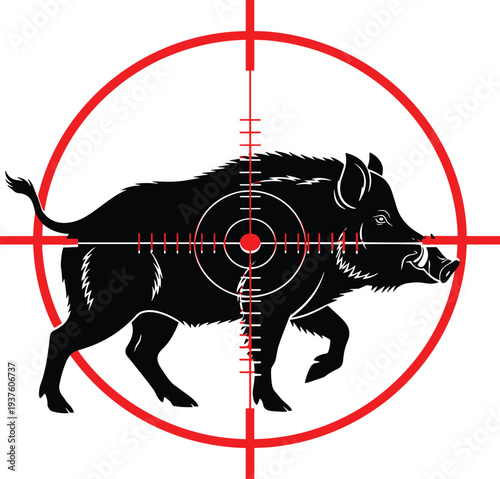 Black silhouette of a wild boar in a red crosshair target, hand drawn hunting sport icon isolated on white background,