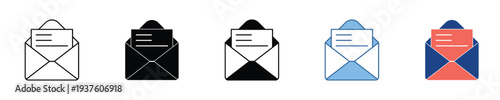 Collection of diverse open envelope icons with a visible letter, symbolizing essential digital and physical communication, messaging, and mail receipt for various design projects