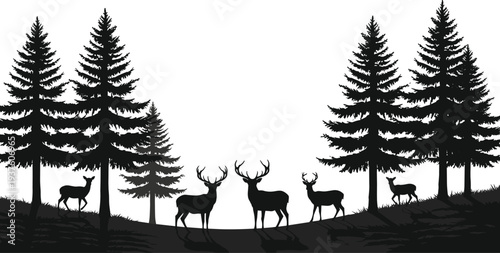Black silhouette of deer and stags in a pine forest landscape, wilderness mountain scene with evergreen trees isolated on white,