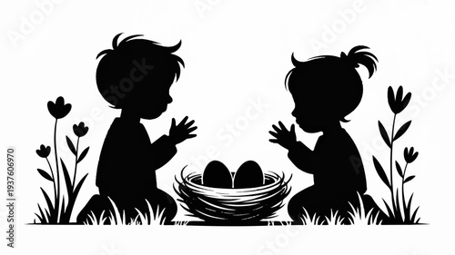 Two children kneeling beside a nest with eggs in a grassy field with flowers