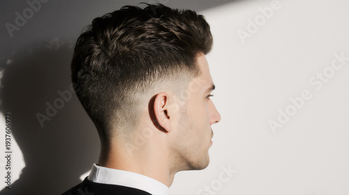 Young man displays modern taper low fade haircut in side profile view