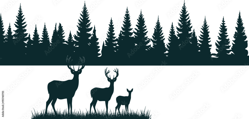 Fototapeta premium Black Silhouette of Deer Family in Grass with Coniferous Forest Horizon, Wild Buck and Doe Woodland Scene Isolated on White