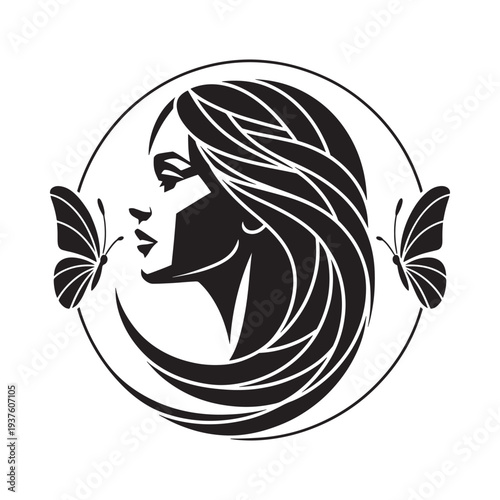 A striking black and white portrait of a woman s profile adorned with delicate butterflies in a circular design