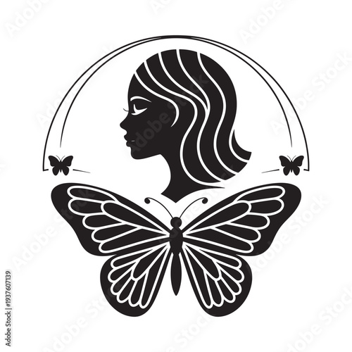 A striking black silhouette depicts a woman s profile adorned with butterfly wings and delicate floral accents