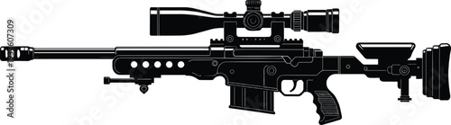 Black silhouette illustration of sniper rifle with scope, bipod, pistol grip, adjustable stock, and long barrel, symbolizing firearm design, military equipment, and tactical artwork projects