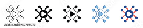 Modern vector icon set representing a digital content distribution network with a central play button, symbolizing multimedia streaming, online connectivity, and interactive platform engagement