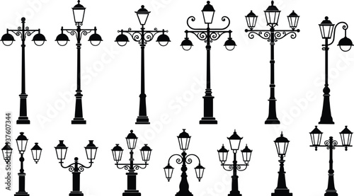 Black silhouette illustration of twelve vintage street lamps with ornate designs, multiple lanterns, and decorative scrollwork, symbolizing urban architecture, history, and creative artwork design pr