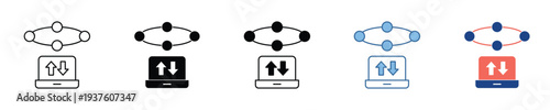 Graphic set of modern icons representing data transfer, network connection, and cloud synchronization for digital devices, emphasizing information exchange and system integration