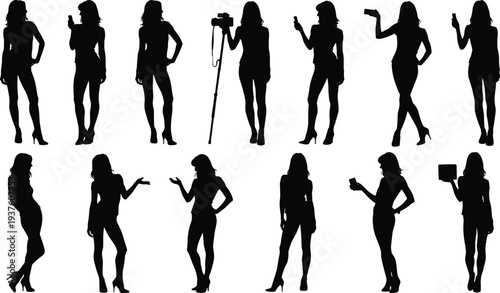 Black silhouette illustration of twelve women in diverse poses holding camera, smartphone, book, and tablet, showcasing expressive gestures, creativity, technology, and modern lifestyle activities.