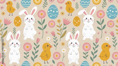 Colorful easter pattern with white bunnies chicks eggs and flowers on beige background festive spring design