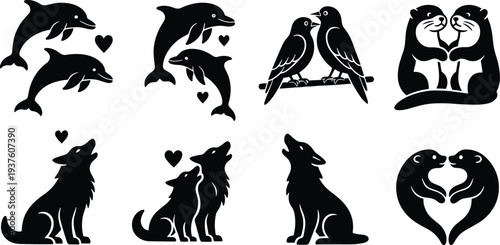 Black silhouette illustrations of animal pairs with hearts, including dolphins, birds, otters, and wolves, symbolizing affection, romance, and love in artistic design.