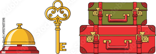 Vintage travel and hotel service icons set featuring classic suitcases with straps, an ornate golden key, and a brass reception desk bell.