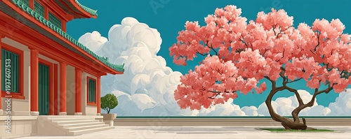 Panel kuchenny z motywem Cherry blossom tree with pink petals beside traditional Asian temple courtyard under blue sky