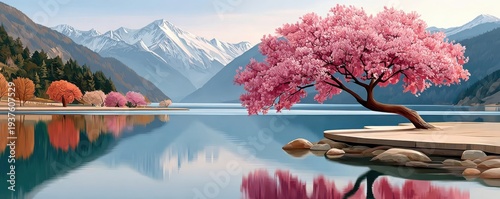 Panel kuchenny z motywem Cherry blossom tree in full bloom by a tranquil mountain lake with vivid pink reflection